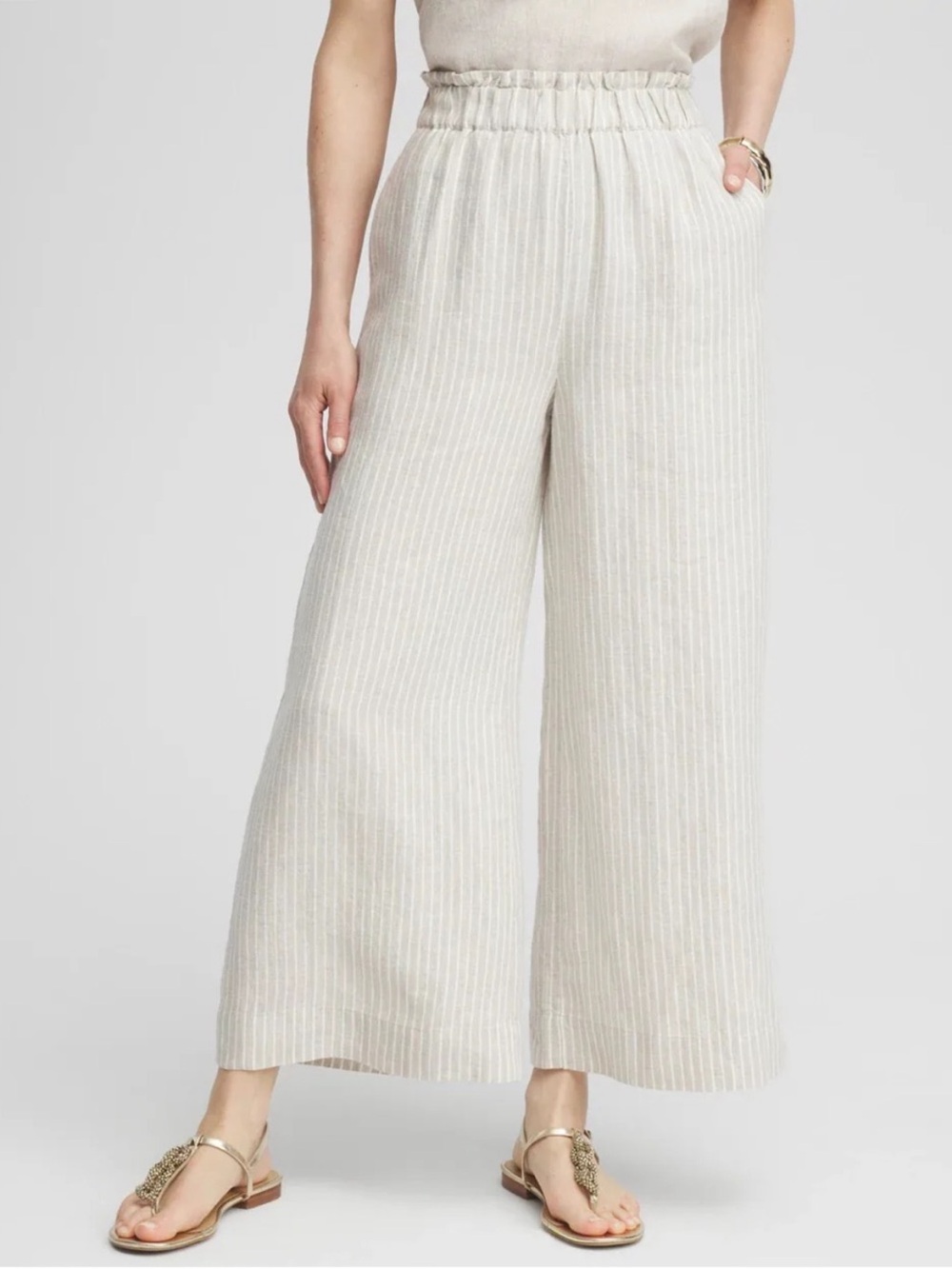 Chico's Linen Wide Leg Culotte Pants Oatmeal Stripe Size 14